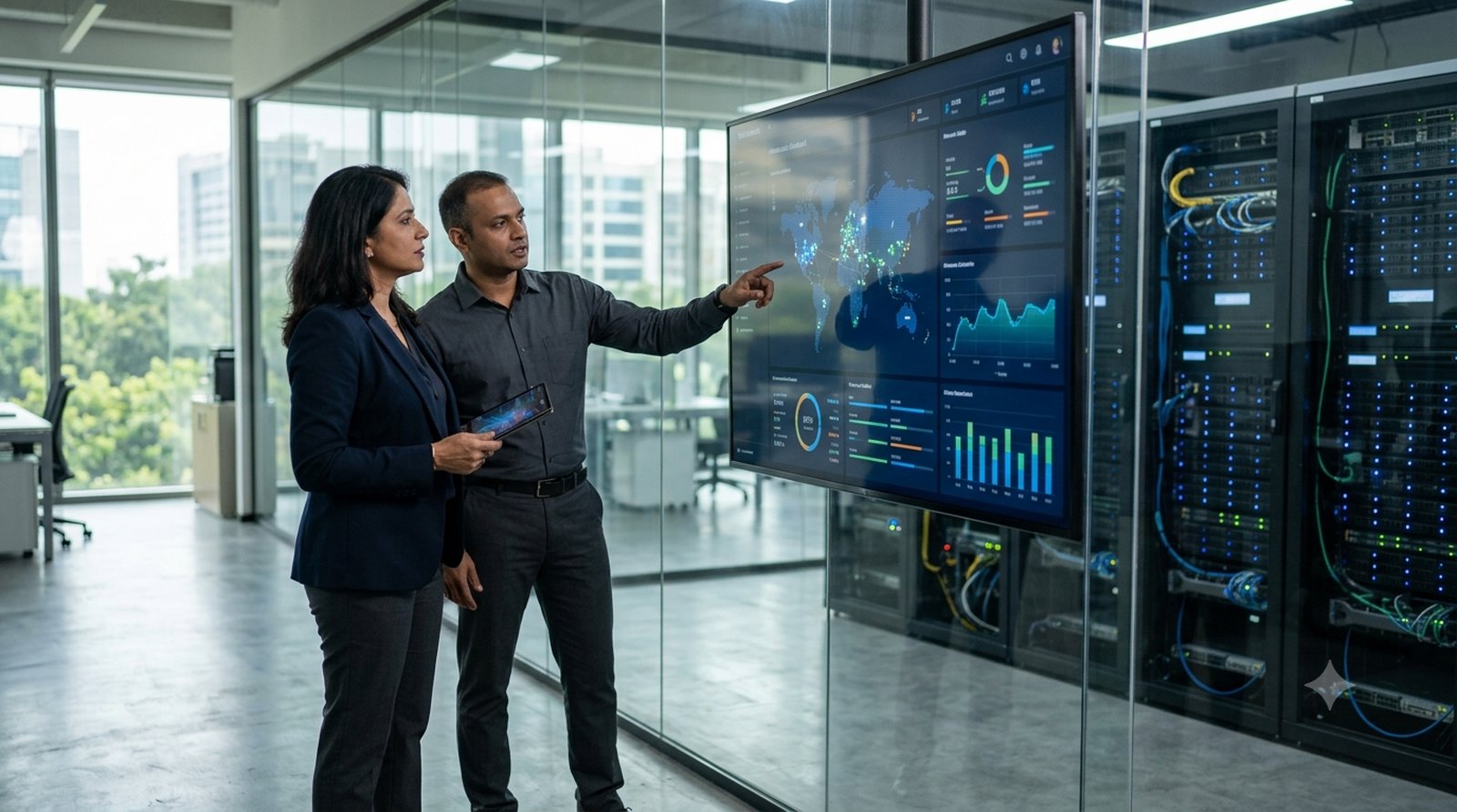 CIO and IT head reviewing an infrastructure dashboard beside the server room