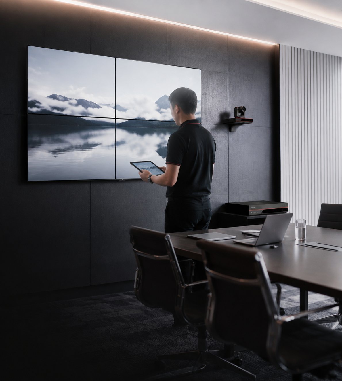 Boardroom video wall controlled from a tablet