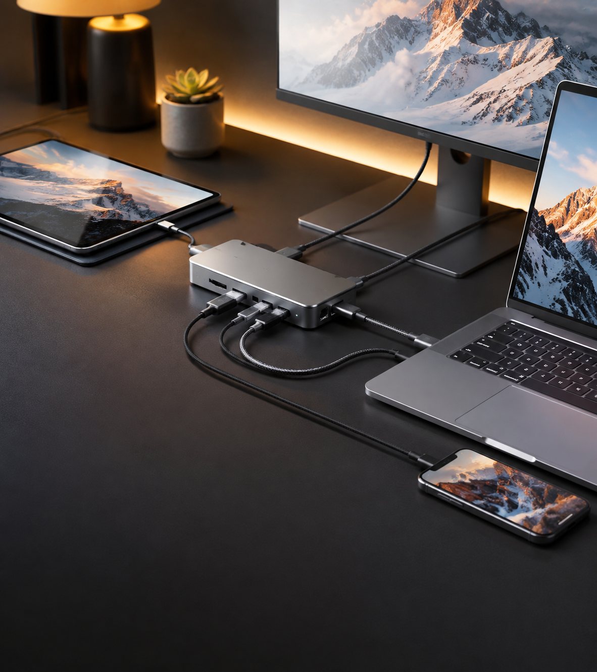 Desk with laptop, tablet and phone connected through a dock